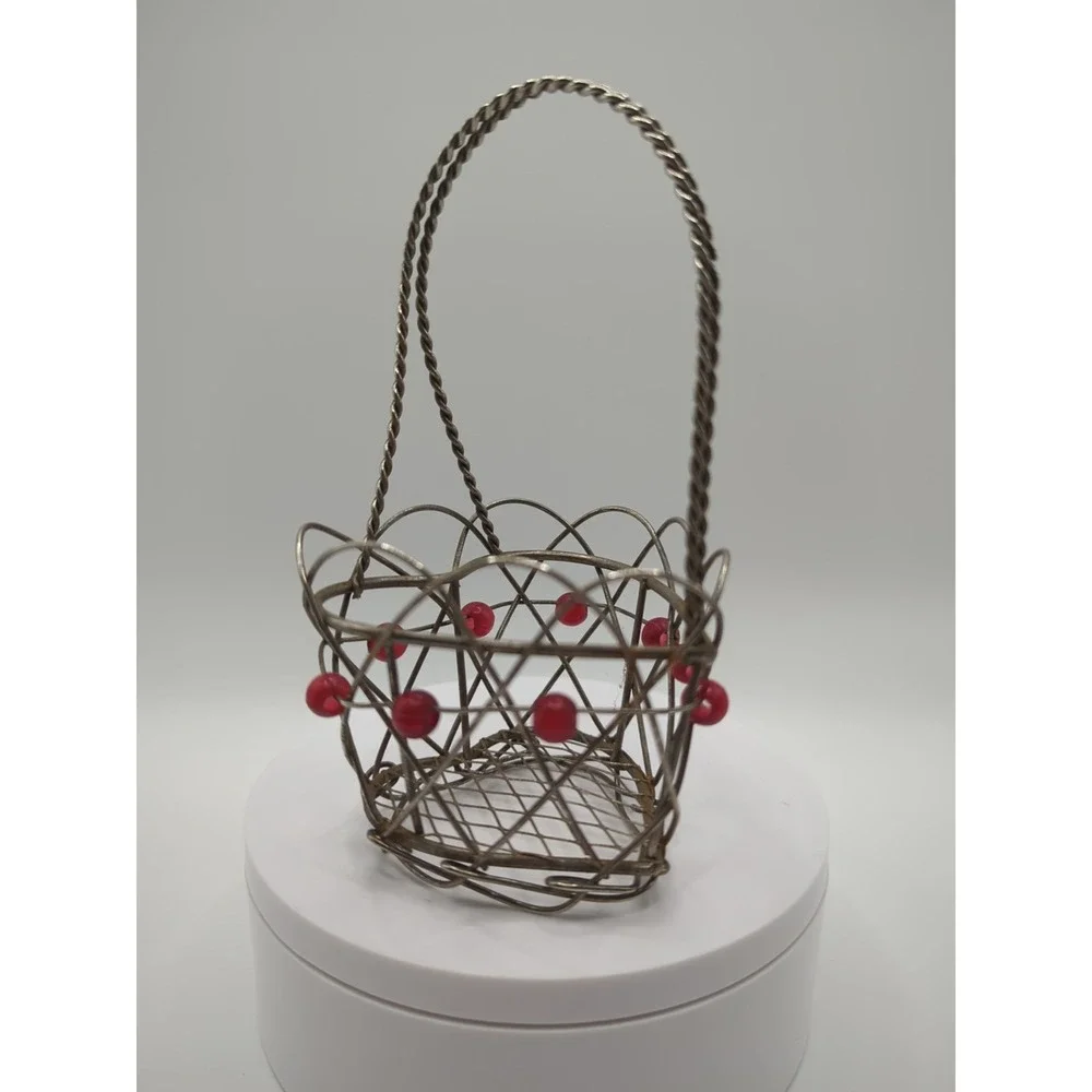 Vintage Heart Shape Mini Metal Wire Basket Red Beads Boho Valentine Decor